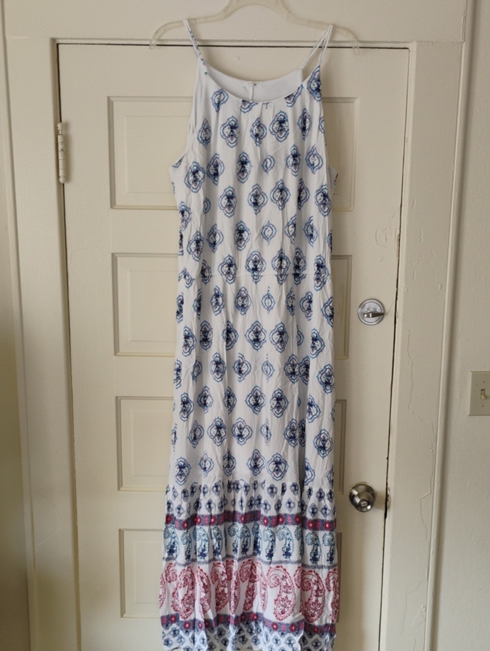 Women's White Maxi Dress with Blue and Red Paisley Print Floor Length Plus Size